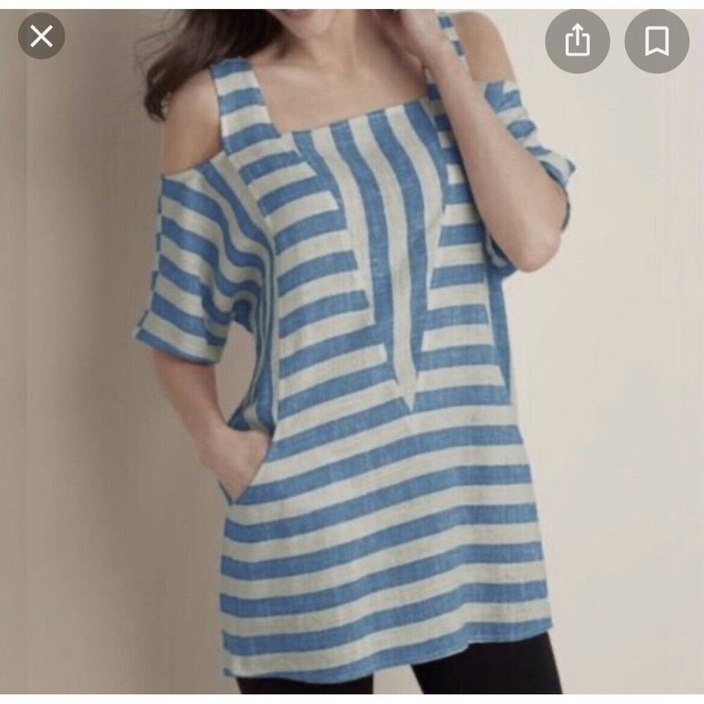 Soft Surroundings Blue Sunset Linen Tunic Cold Shoulder with Pockets